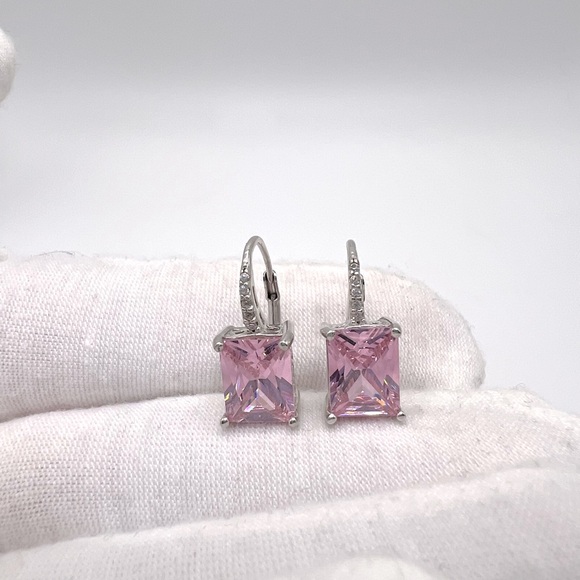 .925 Sterling Silver 9mmx7mm Rectangle Pink Cz Lever Back Earrings - Picture 10 of 13